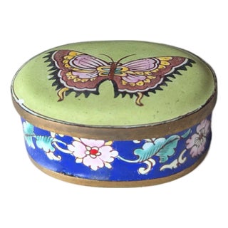 Vibrant Antique Cloisonné Butterfly Trinket Box For Sale