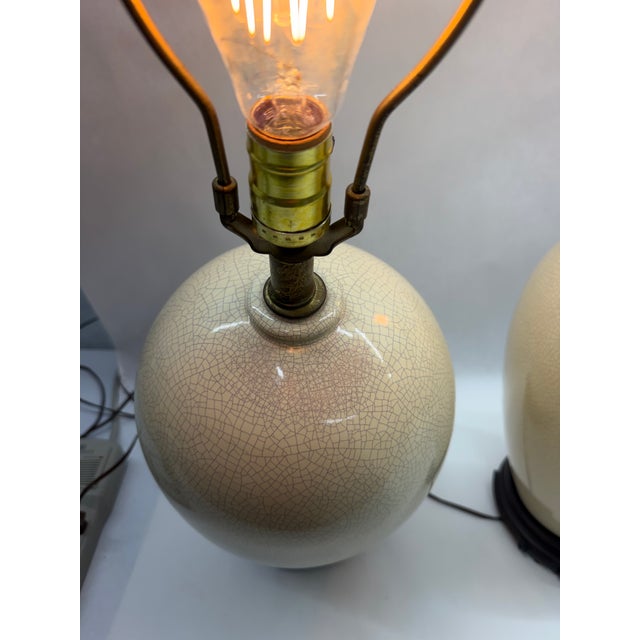 Mid 20th Century Asian Cream Crackle Glaze Ovoid Ceramic Table Lamps - A Pair For Sale - Image 4 of 9