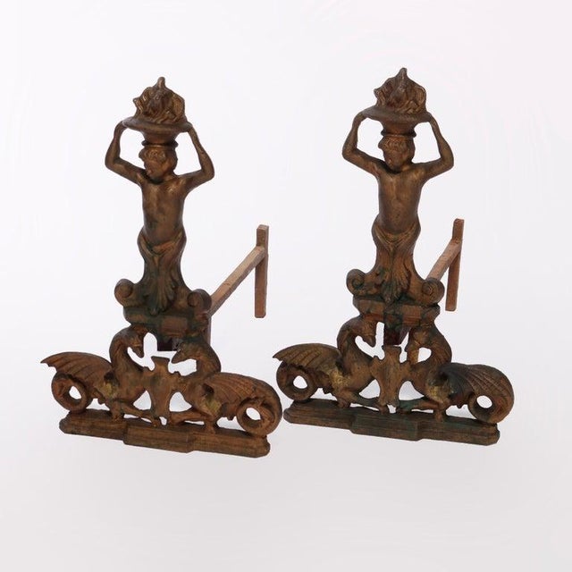 Antique Neoclassical Figural Cast & Wrought Iron Fireplace Andirons, Circa 1900 For Sale - Image 4 of 9