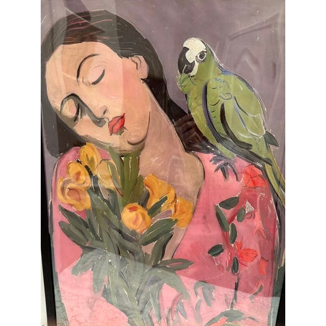Blush Vibrant Colorful Framed Print of a Woman With a Green Parrot For Sale - Image 8 of 8