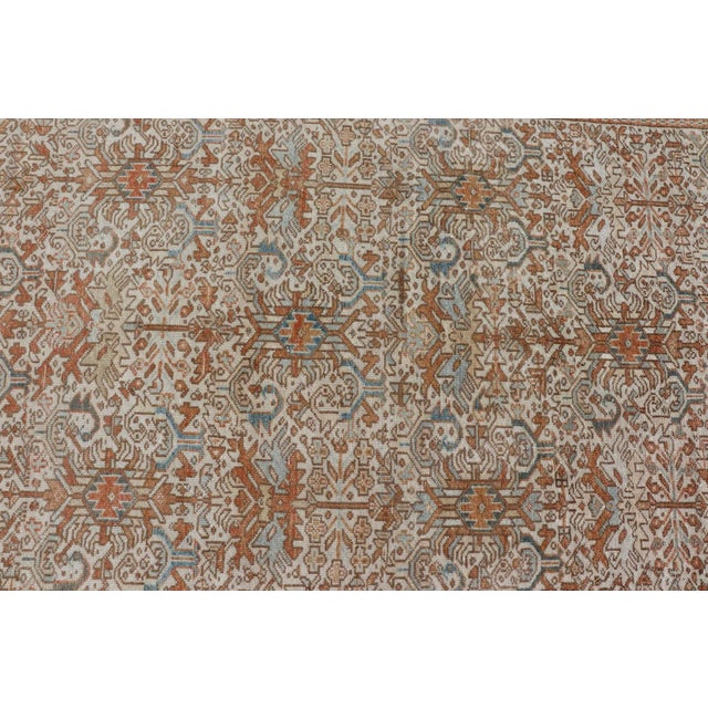 Antique Persian Gallery Heriz Rug With Geometric Design in Copper and Blue 5'1 X 12'3 For Sale - Image 11 of 15
