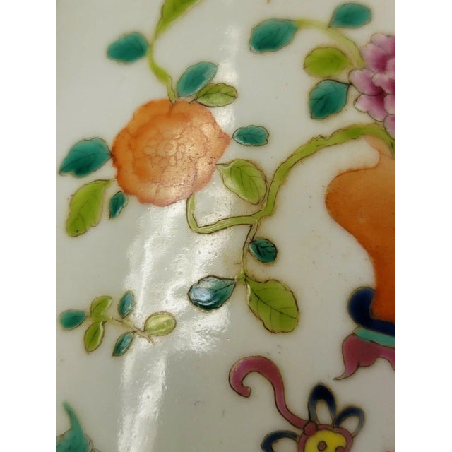 Antique 19th century Chinese porcelain brush pot decorated with precious objects, altar fruit and flower vases in a...