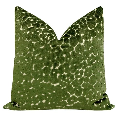 Pair of beautiful 22" leopard cut velvet pillows in olive. Meticulously handcrafted with serged interior seams, invisible...
