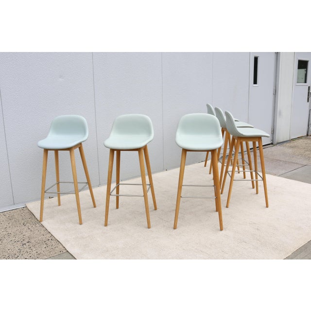 Danish Iskos-Berlin for Muuto Blue Leather Fiber Bar Stools Wood Base - Set of 6 For Sale In New York - Image 6 of 18