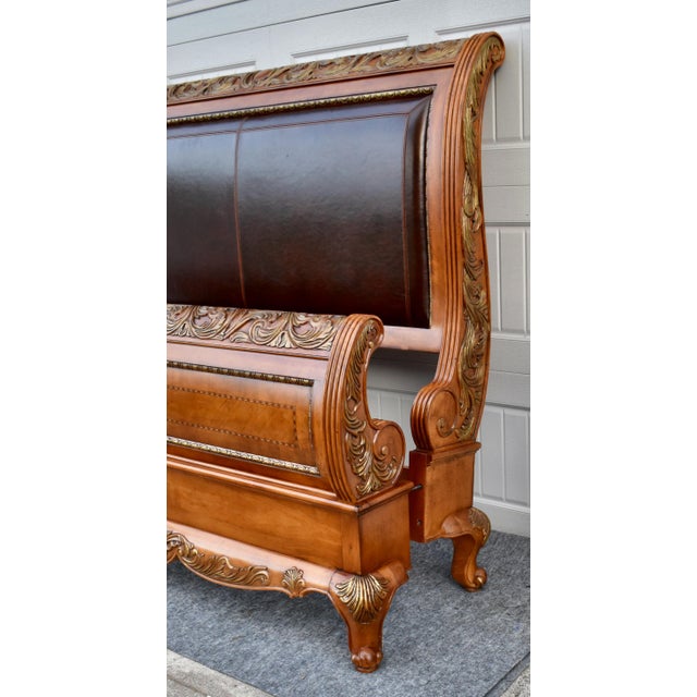 Legacy Pine Upholstered Sleigh Bed Carved and Inlaid Ornate Queen Frame For Sale - Image 10 of 18