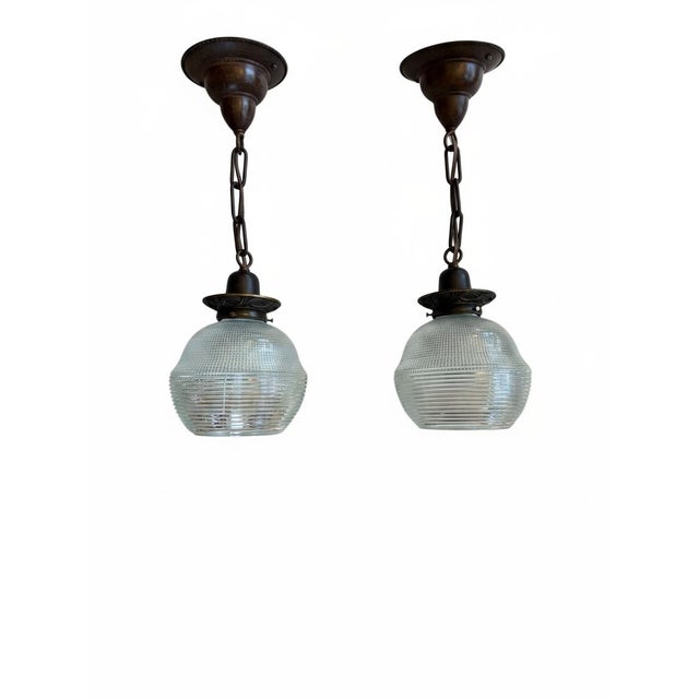 Vintage Halophane Hanging Pendant Light Fixtures - Pair For Sale - Image 9 of 10
