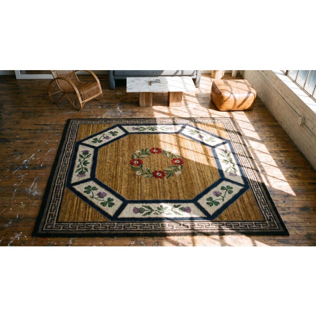 1930s Orange Arts & Crafts Floral American Hooked Rug 6' X 6' Handknotted Wool Carpet For Sale - Image 11 of 11