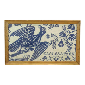 Framed Antique 19th Century Textile Fabric Fragment of Homespun Blue and White Jacquard Coverlet Eagle & Stars Dated 1838