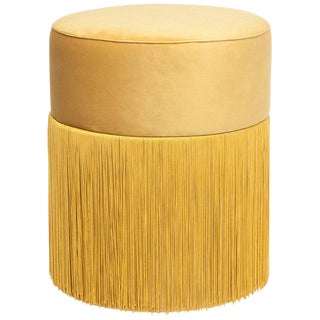 New Pouf Pill Yellow in Velvet Upholstery With Fringes by Houtique For Sale