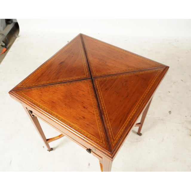 Early 20th Century An English Sheraton Mahogany and Satinwood Inlaid Handkerchief Table Early 20th Century, Leather Top From the Estate of Bob Newhart For Sale - Image 5 of 8