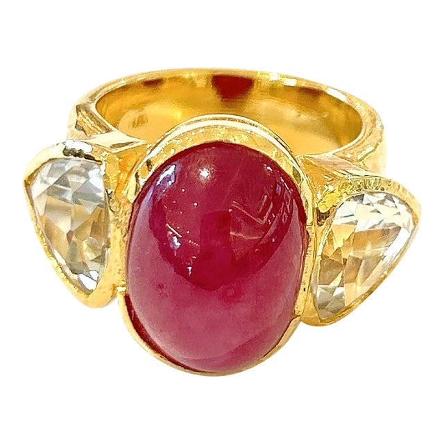 Bochic “Orient” Ruby & White Topaz Vintage 3 Gem Ring Set in 18k & Silver Size 7.5 For Sale
