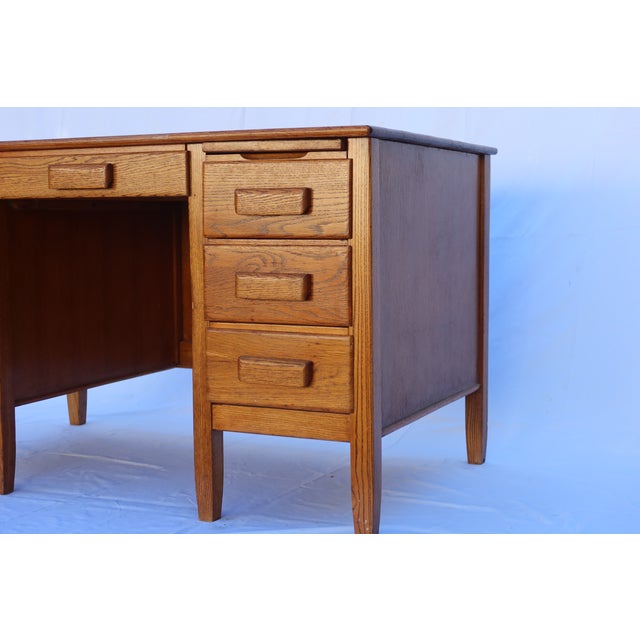 Mid-Century Modern Vintage Solid Oak Pedestal Desk, C. 1940s For Sale - Image 3 of 6