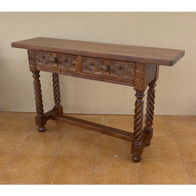Spanish Carved Console Table with Barley Twist Legs and Two Drawers, 1930s For Sale - Image 9 of 12