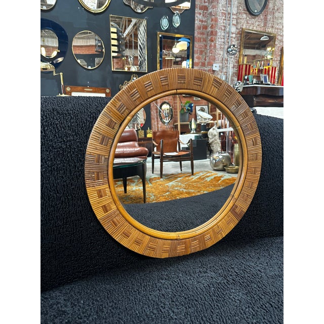 Vintage Round Bamboo Mirror Italy 1980s For Sale - Image 4 of 7