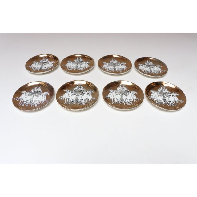 Gold Set of Eight Vintage Gilded Roman Chariot Coasters by Piero Fornasetti With Box For Sale - Image 8 of 18