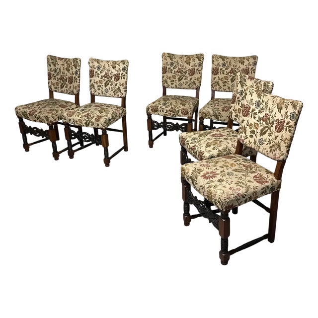 Wooden Chairs from the 1940s with Turned and Carved Details, Set of 6 For Sale