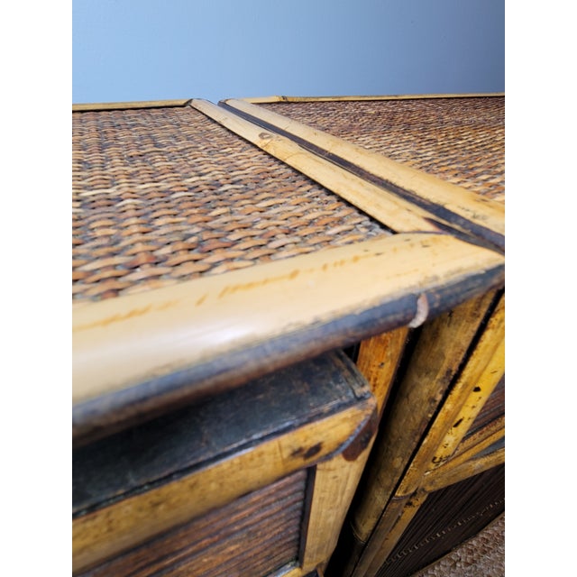 Pair of Vintage Burnt Tortoise Bamboo & Split Reed Cabinets - Late 20th Century Palm Beach Style For Sale - Image 10 of 12