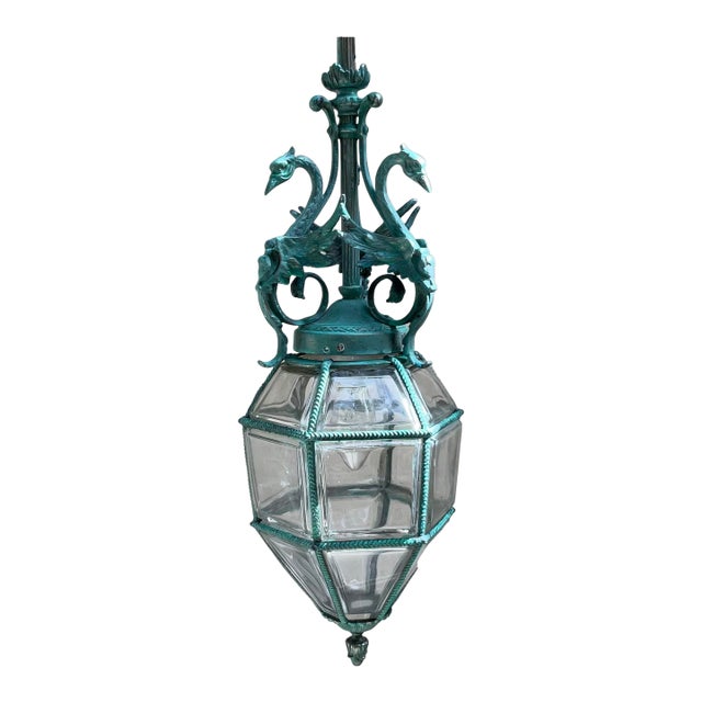 Antique Neoclassical Bronze Hanging Lantern / Pendent With Ornate Swan Motif For Sale