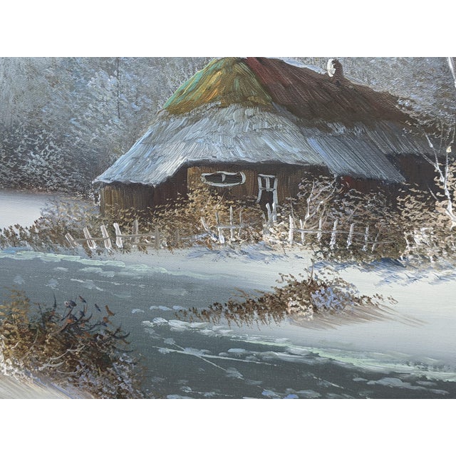 Mid 20th Century Large Signed H. Wood Original Oil Painting of European Winter Village Landscape – Framed For Sale - Image 12 of 16