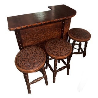 Hand-Tooled Western / Spanish Colonial Style Leather Bar With Matching Barstools- 4 Pieces For Sale