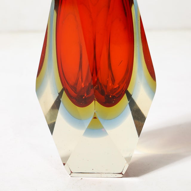 Mid-Century Hand-Blown Faceted Murano Glass Sommerso Ruby & Transparent Vase For Sale - Image 10 of 10