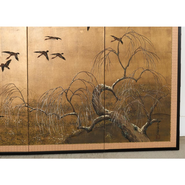 Japanese Showa Four-Panel Screen Wild Geese Autumn Landscape For Sale - Image 11 of 18