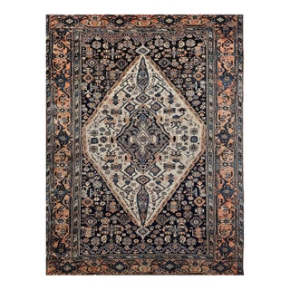Antique Persian Malayer Area Rug, Hand-Knotted Wool, Geometric Medallion Pattern, Ivory & Navy,5x7 For Sale