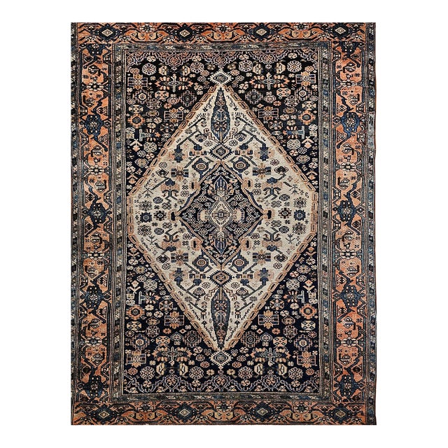 Antique Persian Malayer Area Rug, Hand-Knotted Wool, Geometric Medallion Pattern, Ivory & Navy,5x7 For Sale