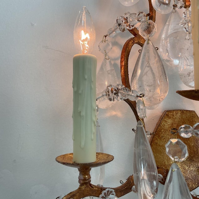 1950s French Country Large Rock Crystal and Goldleaf Wall Sconces - Pair For Sale - Image 9 of 16
