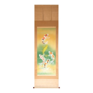 "Dancing Carps" by Akimitsu Sataka, Japanese Silk Scroll Painting in Original Wooden Case For Sale