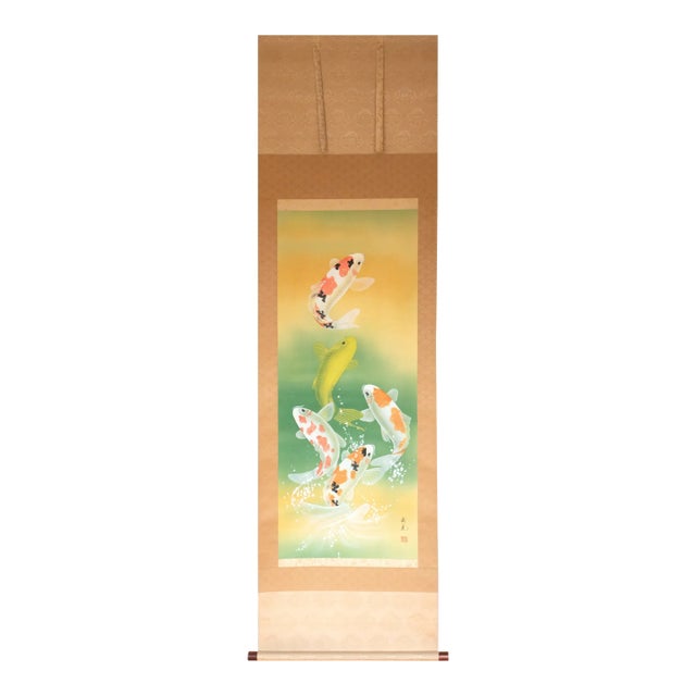 "Dancing Carps" by Akimitsu Sataka, Japanese Silk Scroll Painting in Original Wooden Case For Sale