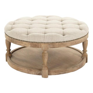Tammy Nailhead Tufted Round Ottoman - Natural Linen / Limed Grey Oak Frame For Sale