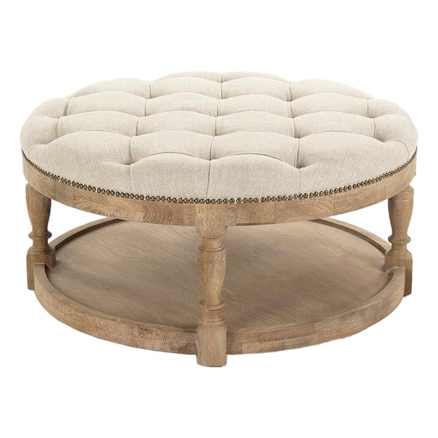 Tammy Nailhead Tufted Round Ottoman - Natural Linen / Limed Grey Oak Frame For Sale