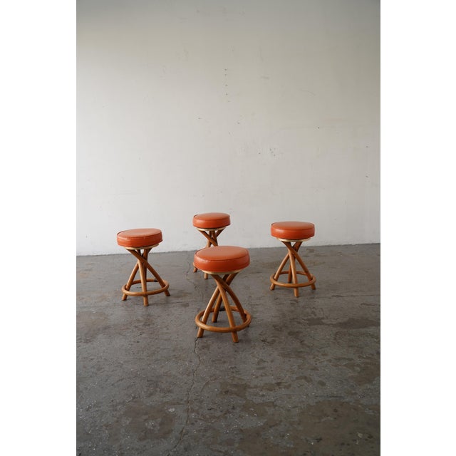 1950s Set of 4 Mid Century Coastal Rattan Tiki Counter Stools Attrib Paul Frankl For Sale - Image 5 of 12