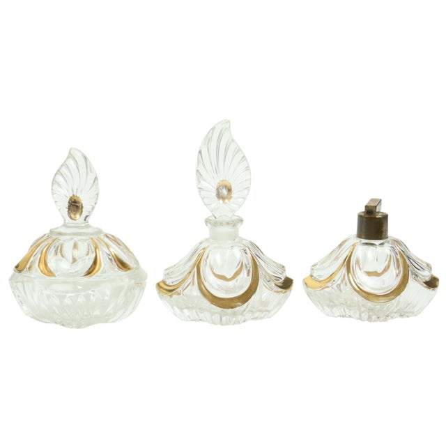 Decorative crystal perfume bottle, perfume diffuser without pump, and soap dish with lid, entirely in Art Deco style, made...