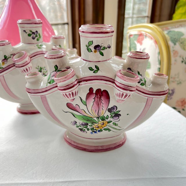 French Pair of Faience tulipiere vases // traditional decor // tulip vase // floral design // specimen vase // multi spout vase // French Antique For Sale - Image 3 of 10