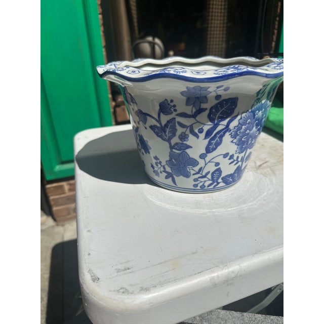 1970s Blue and White Floral Ceramic Planter For Sale - Image 4 of 7
