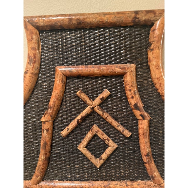 English Vintage British Colonial Style Burnt Bamboo and Cane Wall Mirror For Sale - Image 3 of 12