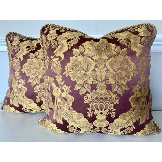 Contemporary Italian Burgundy Silk Damask Pillows- a Pair For Sale - Image 9 of 9