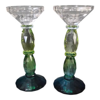 Elegant Pair Bohemian Crystal Green 3-Tone Candlesticks For Sale