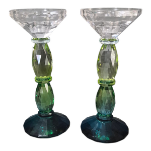 Elegant Pair Bohemian Crystal Green 3-Tone Candlesticks
