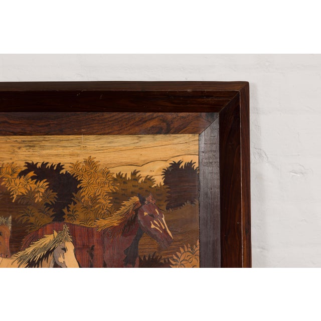 Vintage Inlaid Wood Framed Painting Depicting Four Horses in a Landscape For Sale - Image 11 of 12