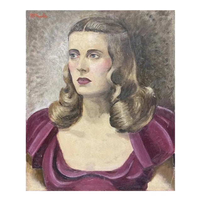 Vintage 1940s Portrait Painting of Woman in Purple Dress For Sale