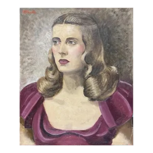 Vintage 1940s Portrait Painting of Woman in Purple Dress