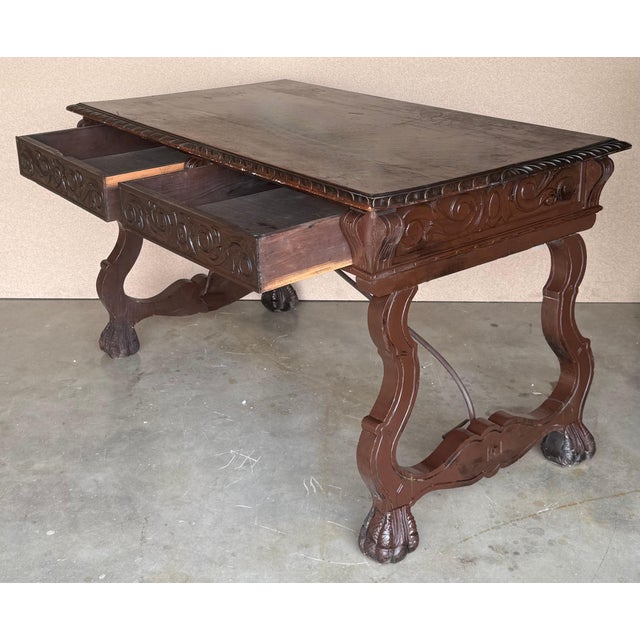 19th Century Spanish Baroque Style Oak Library Table or Desk, Two Faces For Sale In Miami - Image 6 of 18