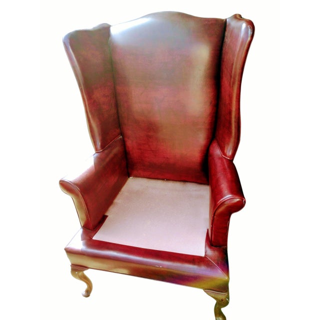 Vintage English Georgian-Style Wingback Oxblood Upholstery Lounge Chair & Matching Ottoman For Sale - Image 4 of 10