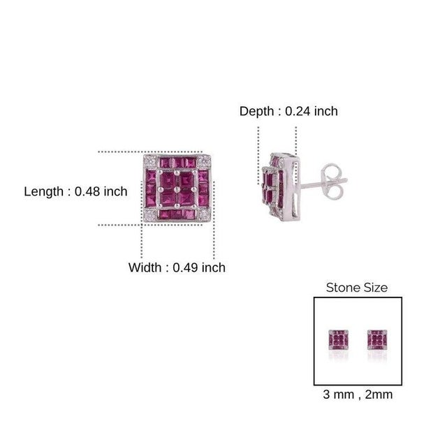 Art Deco Natural Ruby & Diamond Square Stud Earrings in Sterling Silver, A Pair For Sale - Image 10 of 12