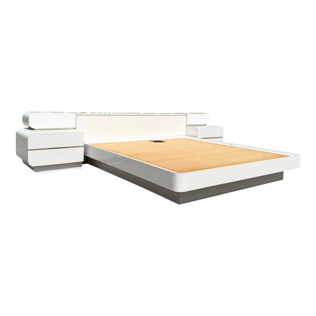 Postmodern White Gloss Laminate King Size Platform Bed With Storage Headboard and Waterfall Nighstands - 4 Pieces For Sale