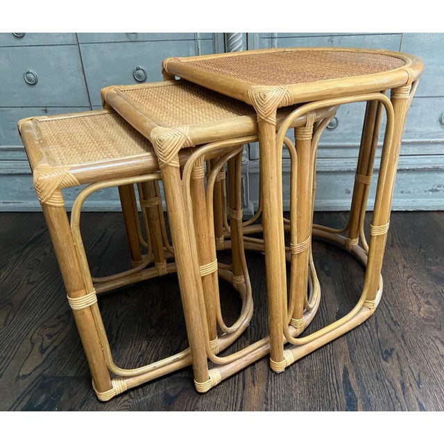 Vintage 1970's Bamboo & Rattan Demilune Nesting Tables ~ Set of 3 For Sale - Image 4 of 7