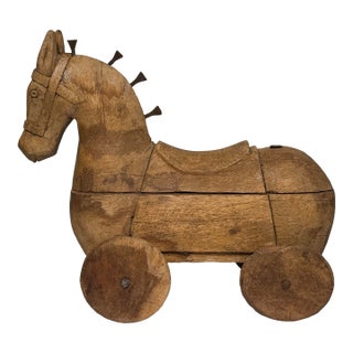 Vintage Primitive Folk Art Carved Wooden and Metal Horse Home Accent For Sale